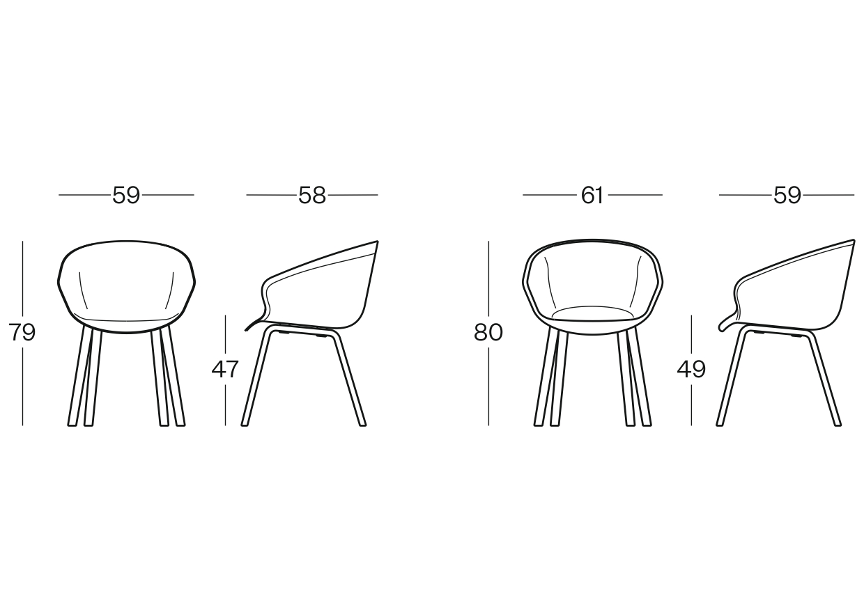 Armchair with 4 legged wooden base - Plastic or padded